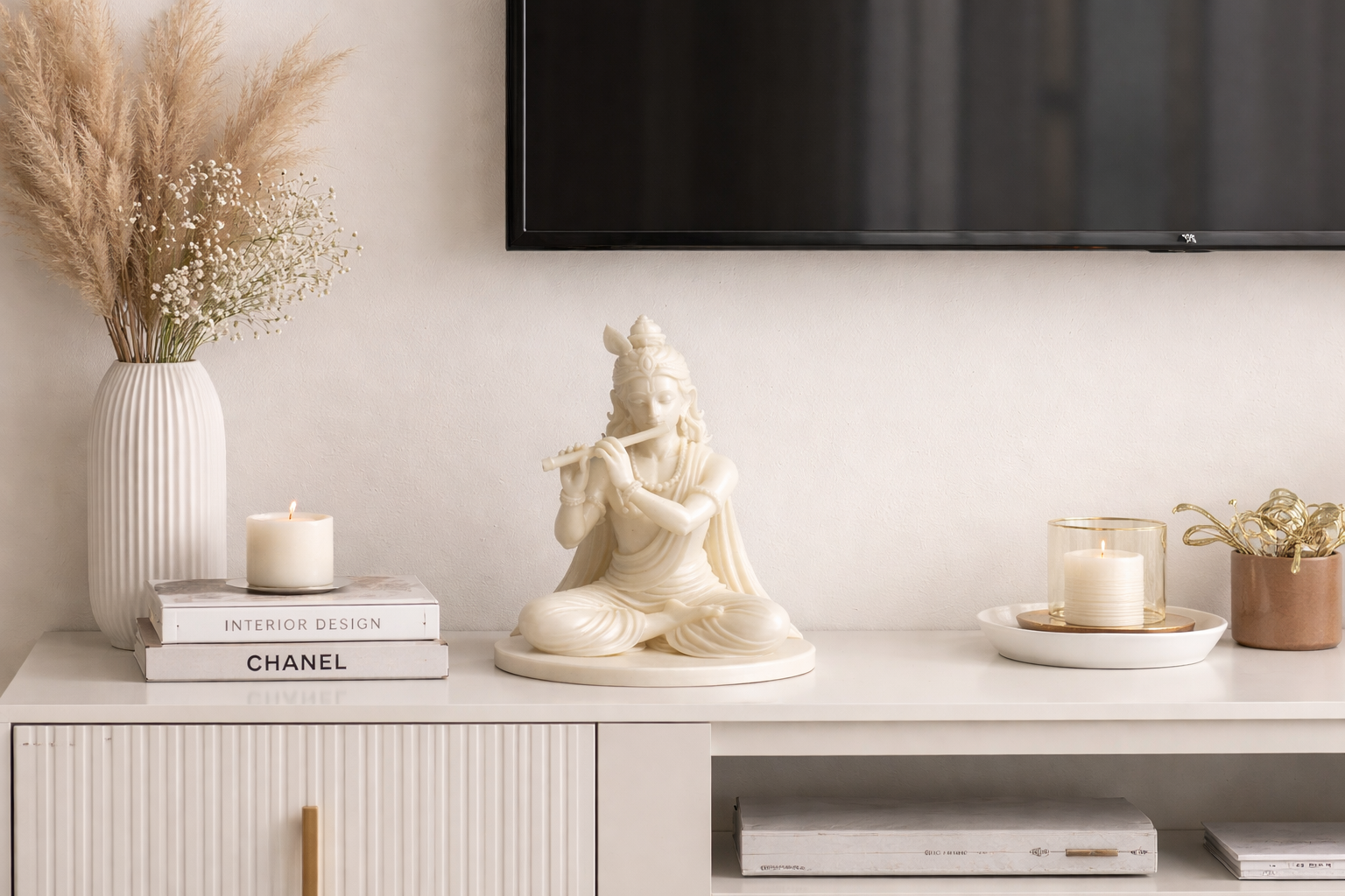 Lord Krishna Flute Pose Statue – Silk Ivory Finish