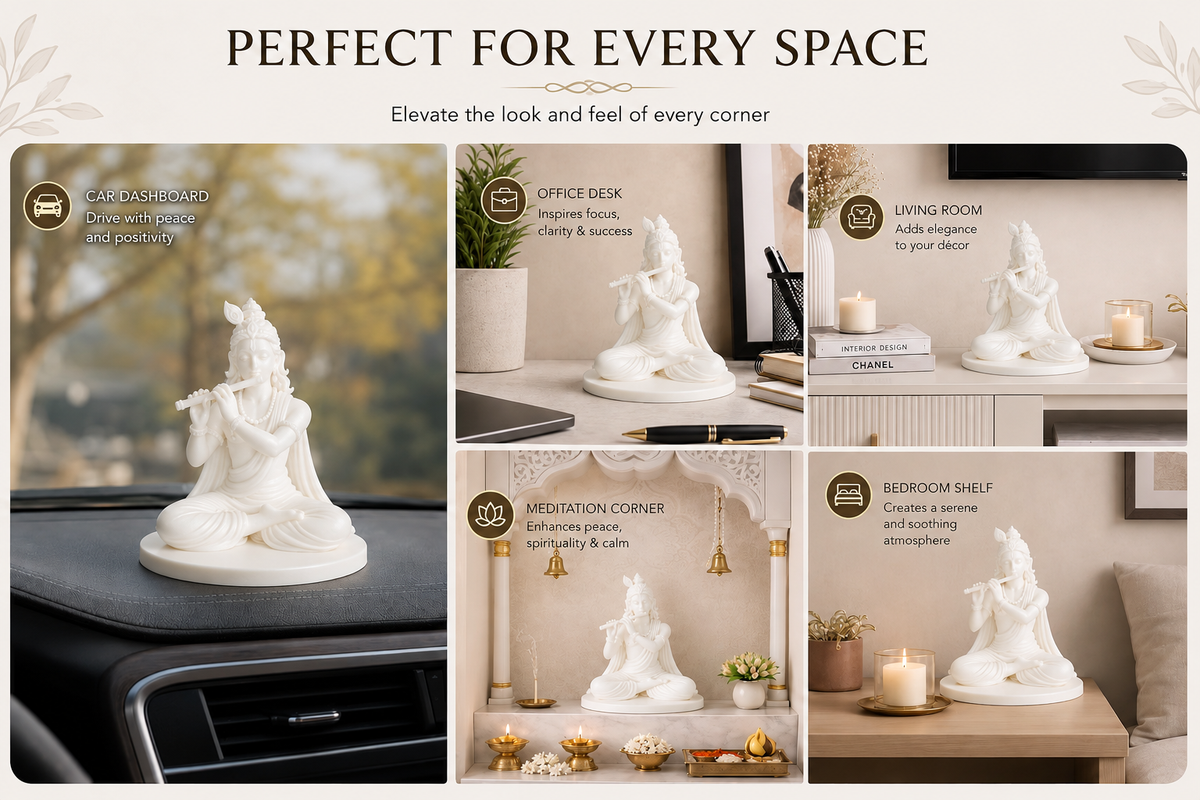 Lord Krishna Flute Pose Statue – Silk Ivory Finish