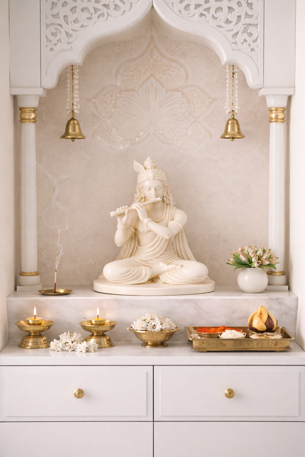 Lord Krishna Flute Pose Statue – Silk Ivory Finish
