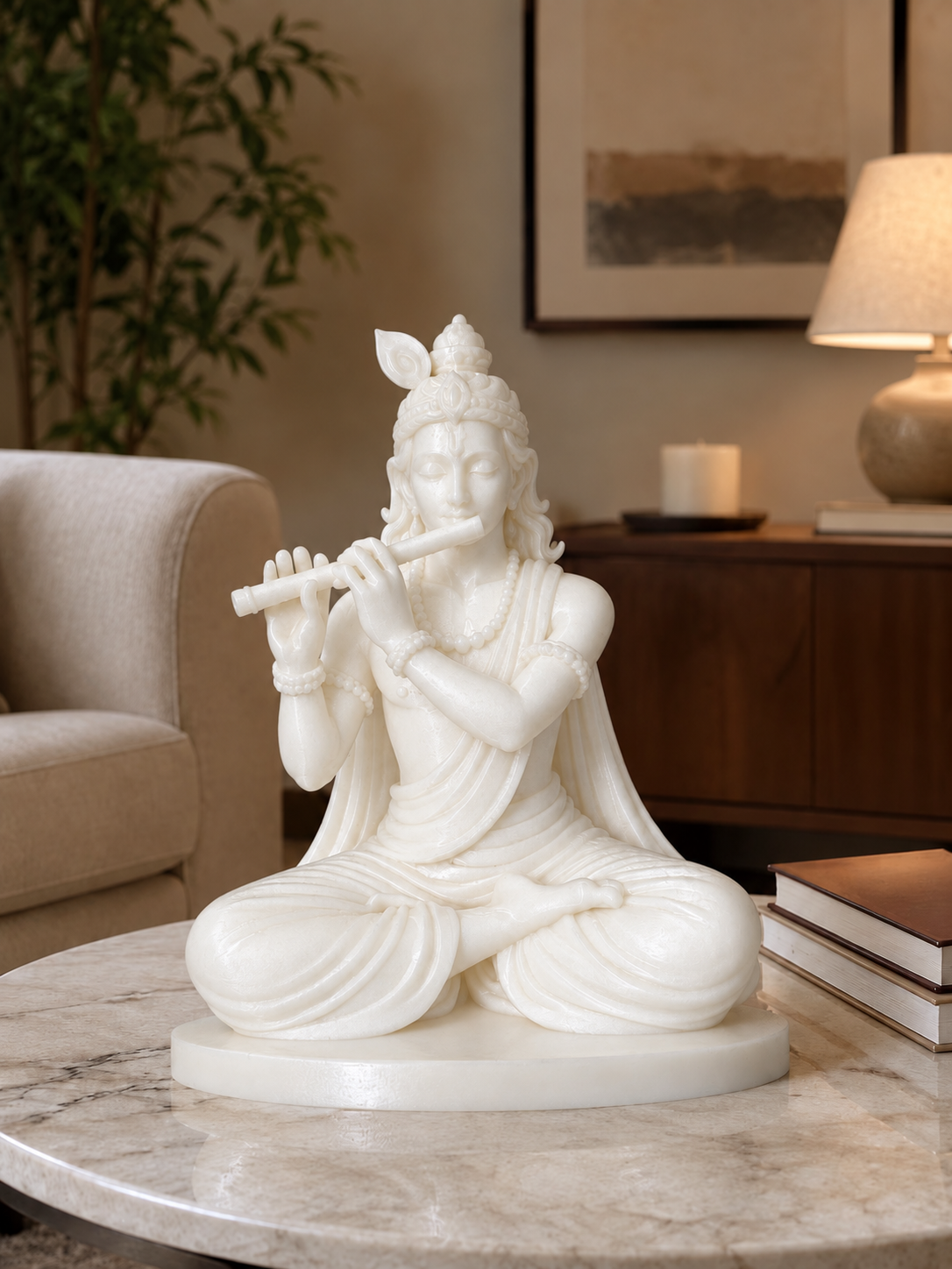 Lord Krishna Flute Pose Statue – Silk Ivory Finish