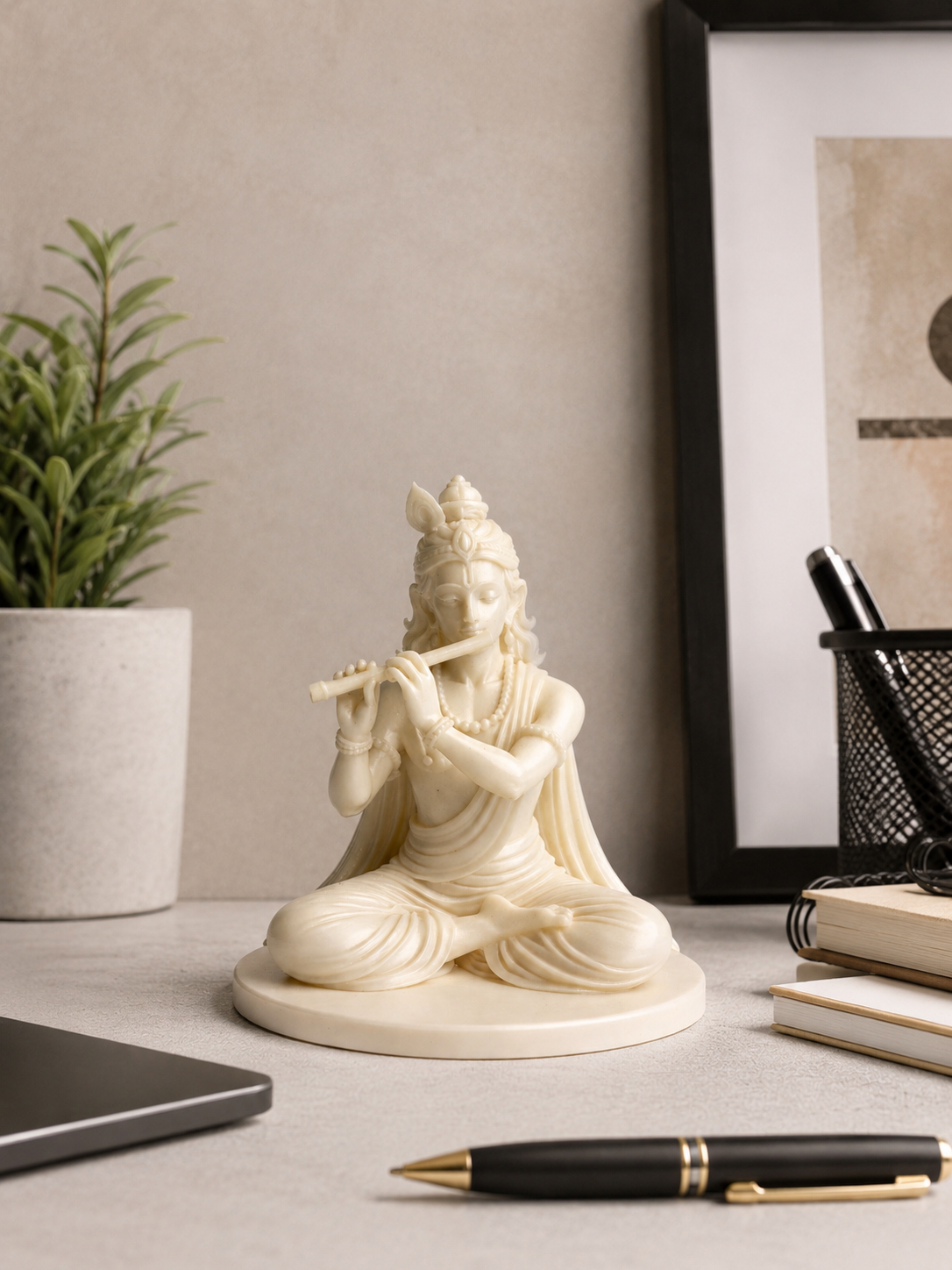 Lord Krishna Flute Pose Statue – Silk Ivory Finish